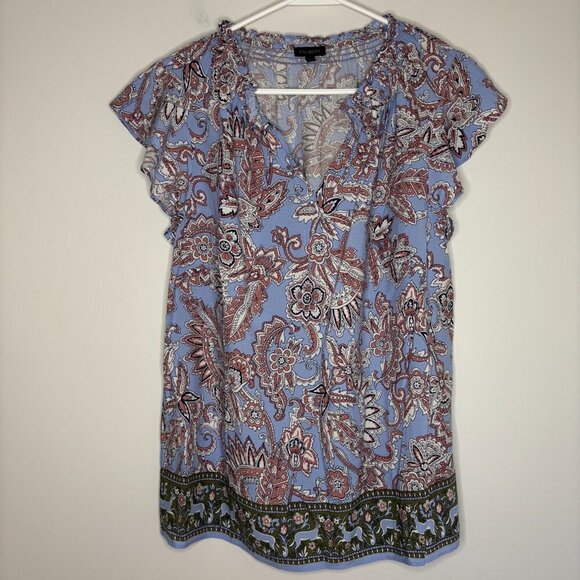 TALBOTS Blouse Women M Blue Pink Floral Flutter Sleeve V-Neck - Picture 1 of 5
